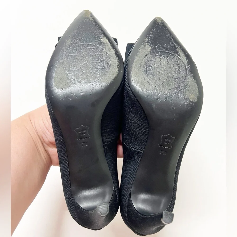 Tory Burch Aria Black Grosgrain Bow Suede Leather Pointed Toe Stiletto Heel 7M
